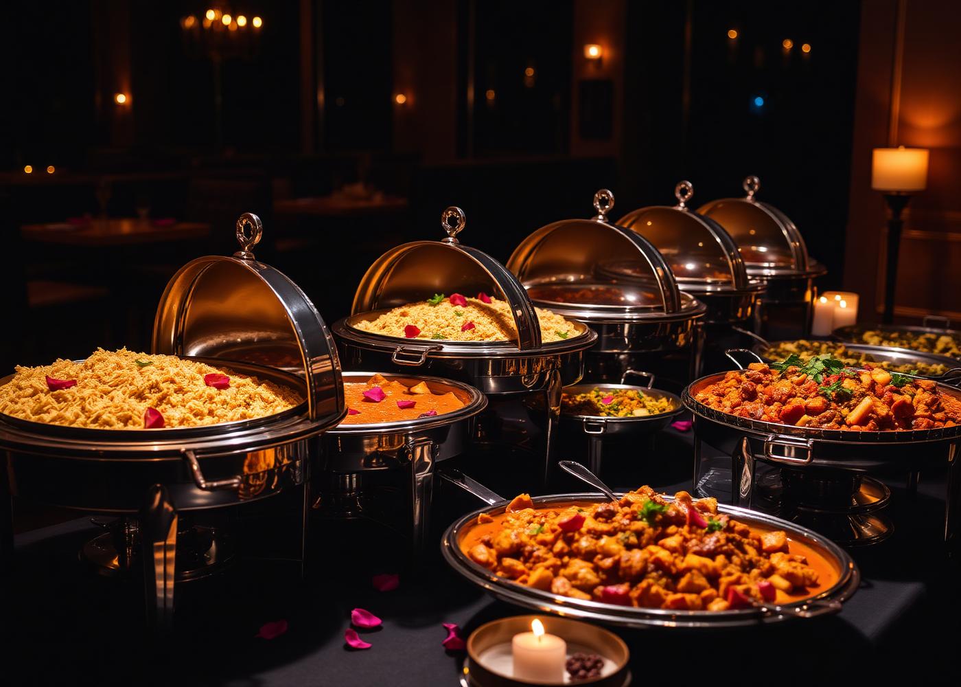Catering spread with silver chafing dishes of biryani and curries at a private event