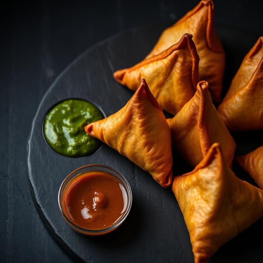 Fresh samosas, mint chutney