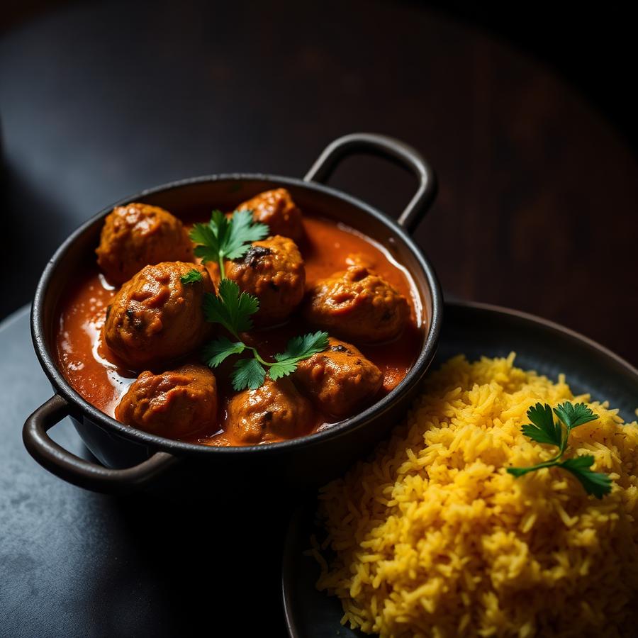 Chicken tikka masala served with saffron rice